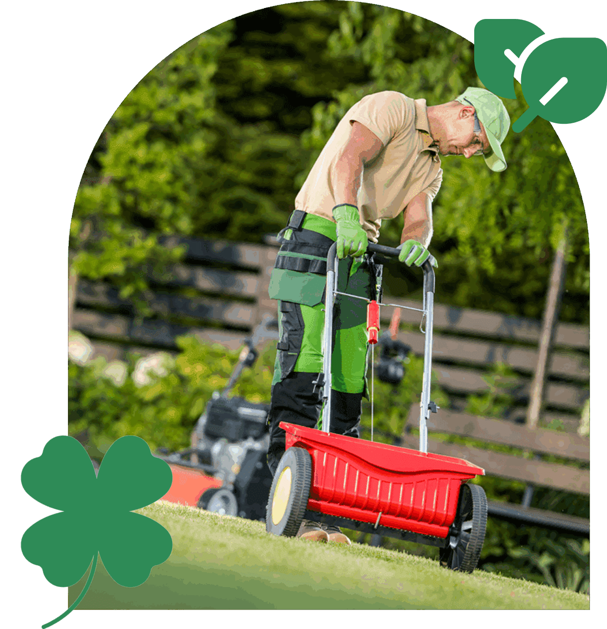 Person using a fertilizer spreader on a lawn with a dog nearby.